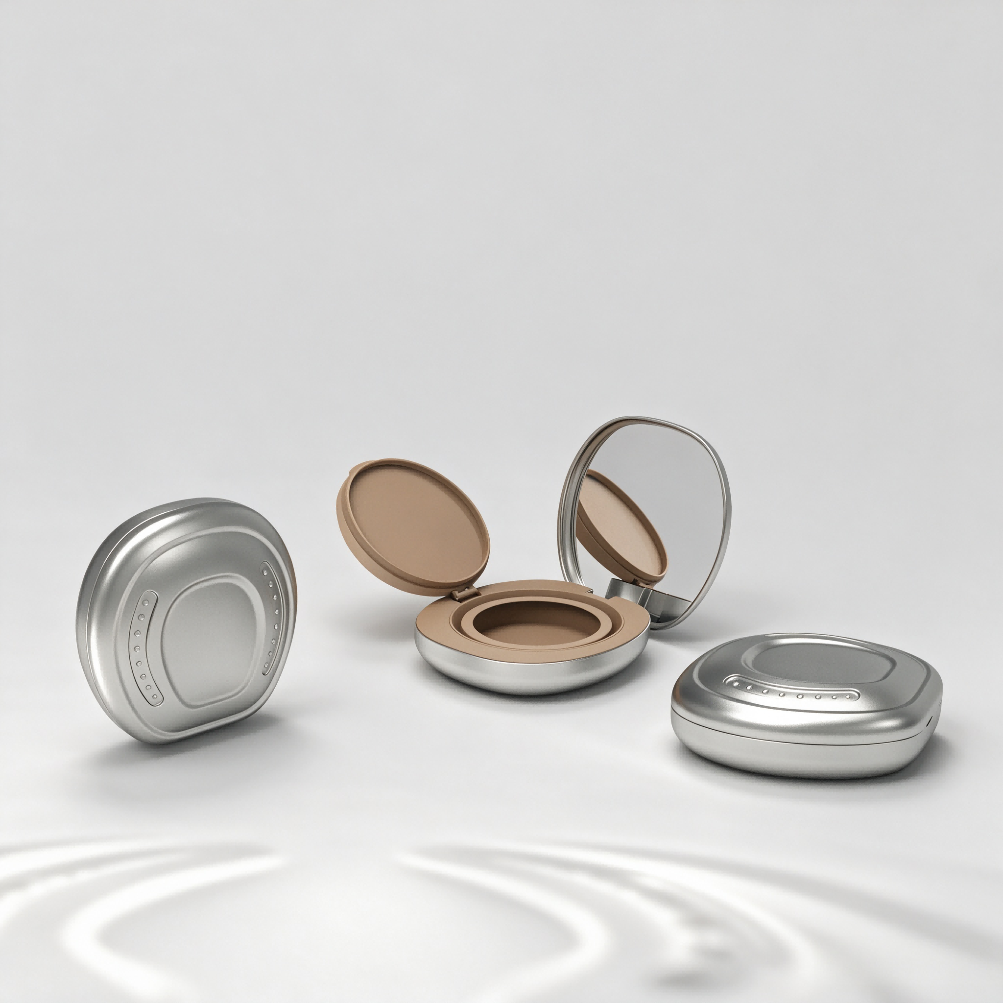 Silver horseshoe textured air cushion compact with built-in makeup mirror, flip cover with detachable replaceable inner holder, reusable empty cosmetic packaging